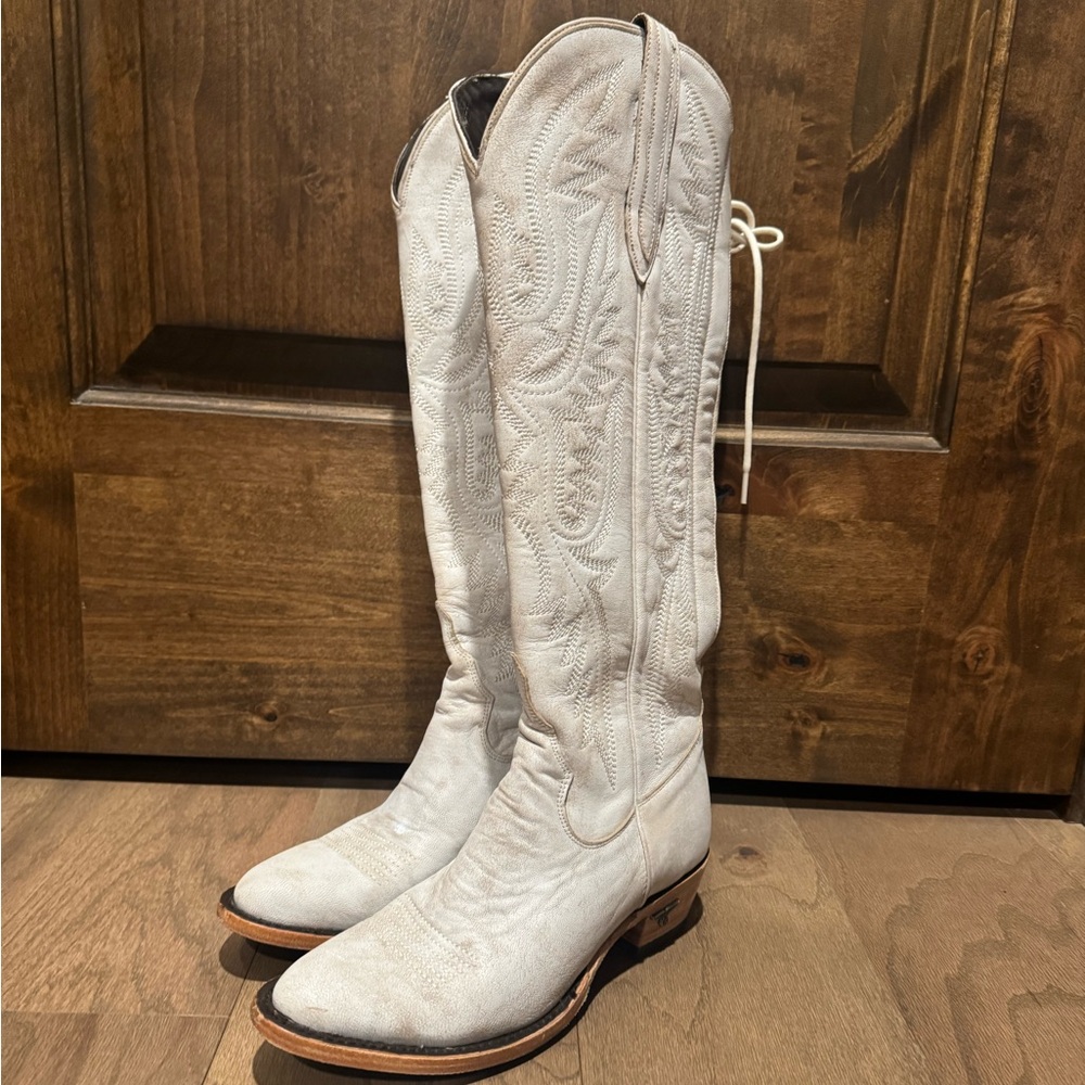 Lane White and Brown Lace Up Boots with Mid-Calf Height